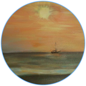 schilderij Leo Stoute, boot op het water in het zonlicht